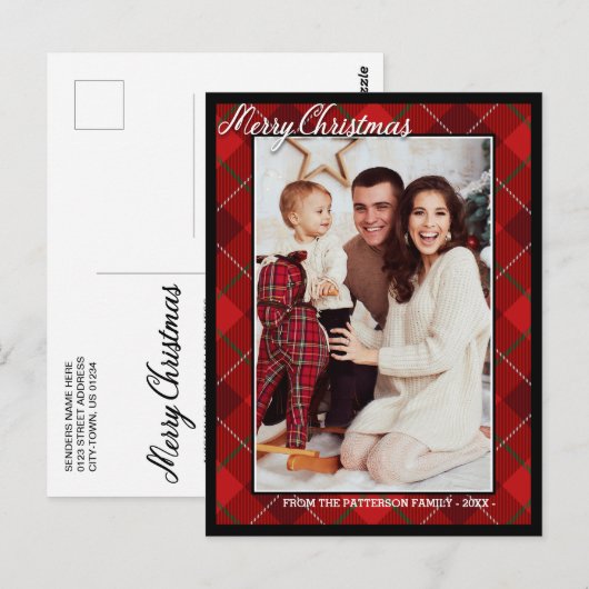 Elegant Tartan Style Merry-kerstfamilie Foto Briefkaart (Voorkant / Achterkant)