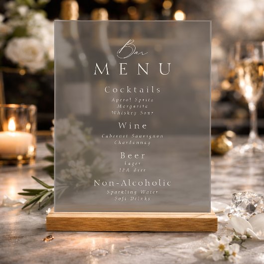 Elegant Taupe Acrylic Wedding Bar Menu Sign Acryl Bord