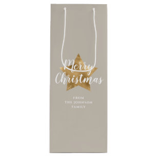 Elegant Taupe Beige Faux Gold Star Merry kerst Wijn Cadeautas