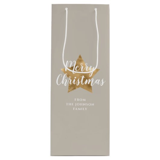 Elegant Taupe Beige Faux Gold Star Merry kerst Wijn Cadeautas (Voorkant)