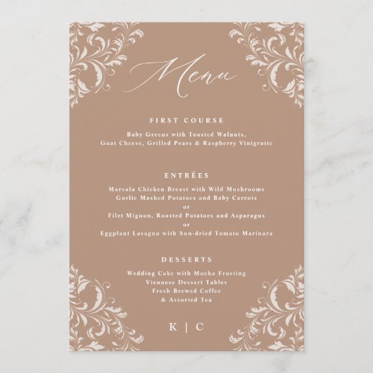 Elegant Taupe Beige Tan Classic Wedding Menu (Voorkant)