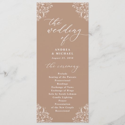 Elegant Taupe Beige Vintage Huwelijksprogramma Programmakaart (Voorkant)