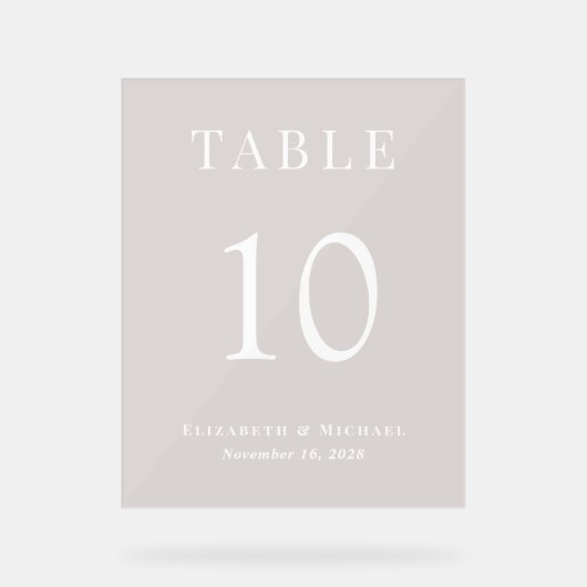 Elegant Taupe Bruiloft Receptie Tafelnummer Acryl Bord (Voorkant)