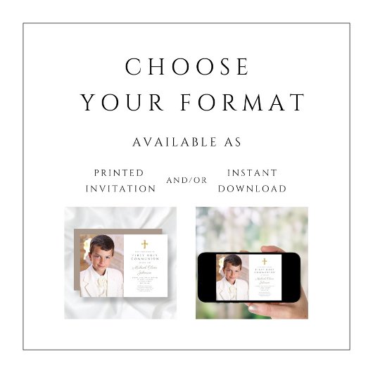 Elegant Taupe Cross Photo Boy First Commune Kaart