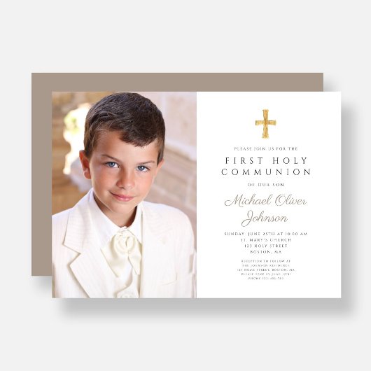 Elegant Taupe Cross Photo Boy First Commune Kaart