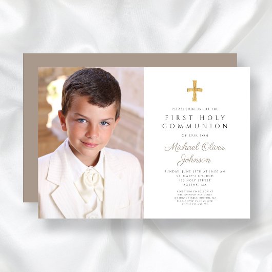Elegant Taupe Cross Photo Boy First Commune Kaart