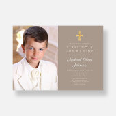 Elegant Taupe Cross Photo Boy First Commune Kaart