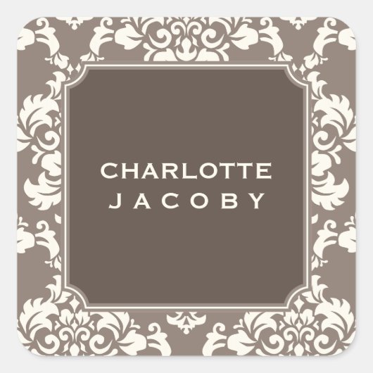 Elegant Taupe Damask gepersonaliseerde ticker Vierkante Sticker (Voorkant)