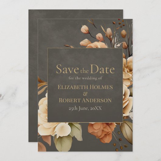 Elegant Taupe Floral Save the Date (Voorkant / Achterkant)