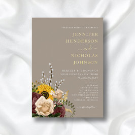 Elegant Taupe Floral Wedding Gold Folie Uitnodiging