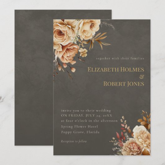 Elegant Taupe Floral Wedding Invitation Kaart (Voorkant / Achterkant)