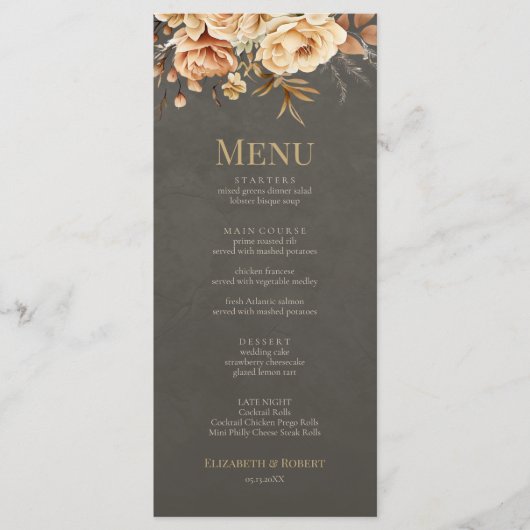 Elegant Taupe Floral Wedding Menu (Voorkant)