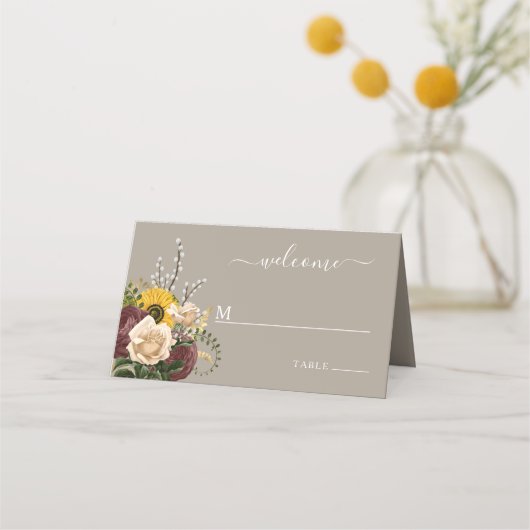 Elegant Taupe Floral Wedding Plaatskaartje (Voorkant)
