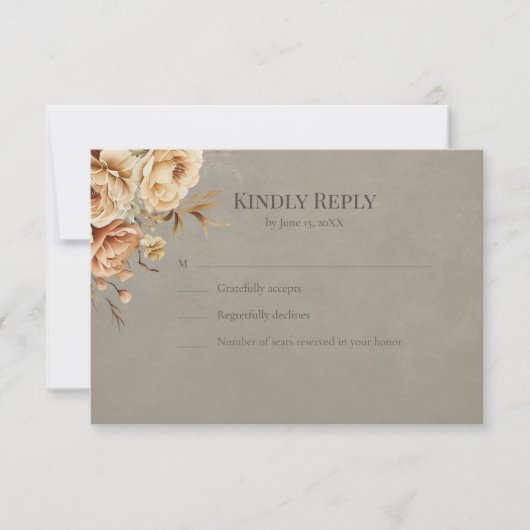 Elegant Taupe Floral Wedding RSVP Kaartje (Voorkant)