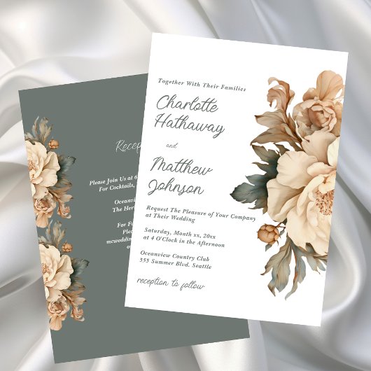 Elegant Taupe Floral Wedding With Sage Green Kaart