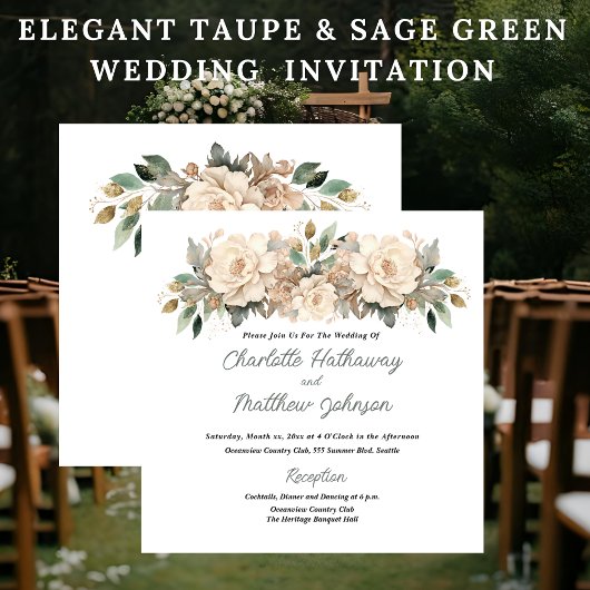 Elegant Taupe Floral Wedding with Sage Green Kaart