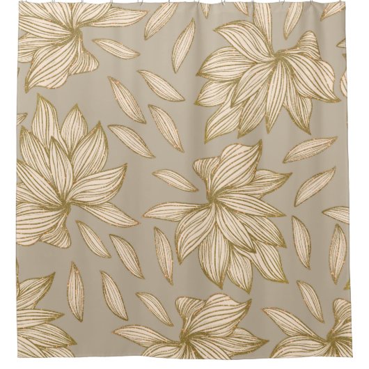Elegant Taupe Gold Glitter Floral Line Art Douchegordijn (Voorkant)