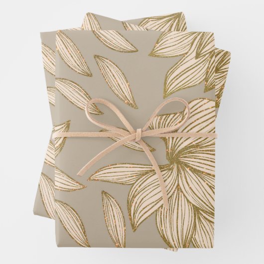 Elegant Taupe Gold Glitter Floral Line Art Inpakpapier Vel (In situ)