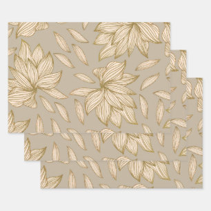 Elegant Taupe Gold Glitter Floral Line Art Inpakpapier Vel