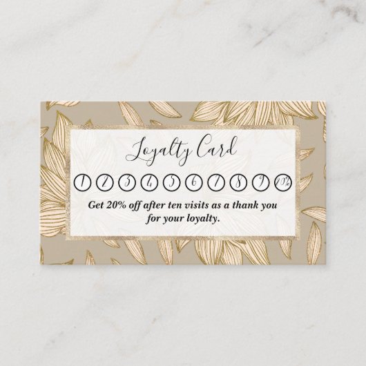 Elegant Taupe Gold Glitter Floral Line Art Klantenkaartje (Voorkant)