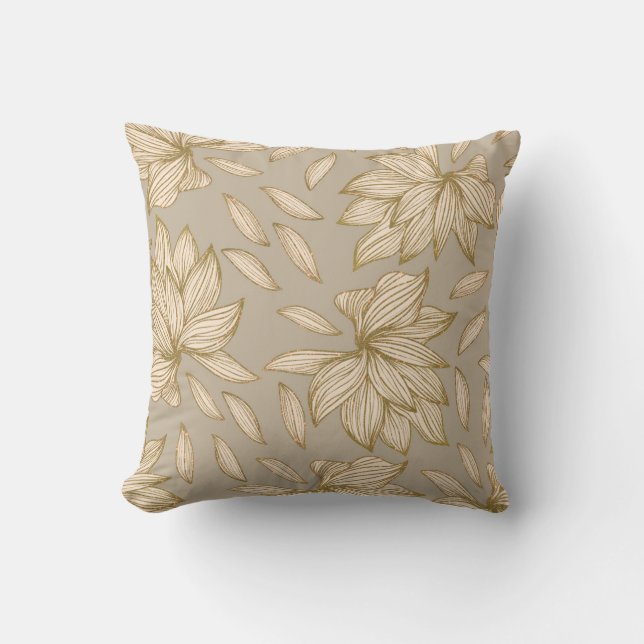 Elegant Taupe Gold Glitter Floral Line Art Kussen (Voorkant)