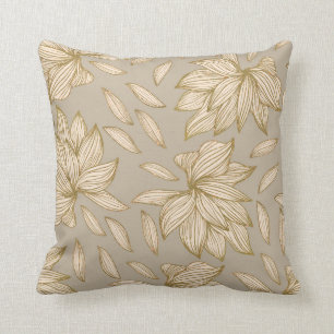 Elegant Taupe Gold Glitter Floral Line Art Kussen