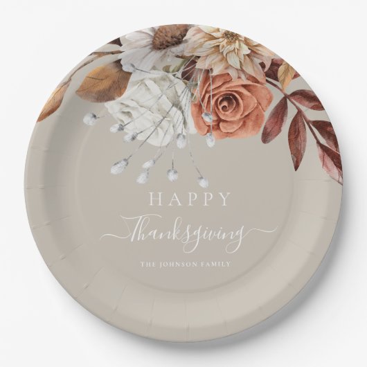 Elegant Taupe Herfst Floral Happy Thanksgiving Papieren Bordje (Voorkant)