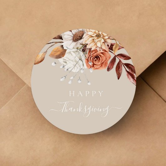 Elegant Taupe Herfst Floral Happy Thanksgiving Ronde Sticker