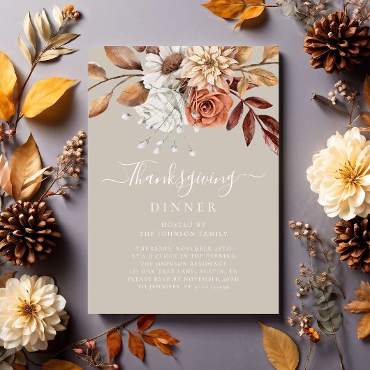 Elegant Taupe Herfst Floral Thanksgiving Dinner Kaart