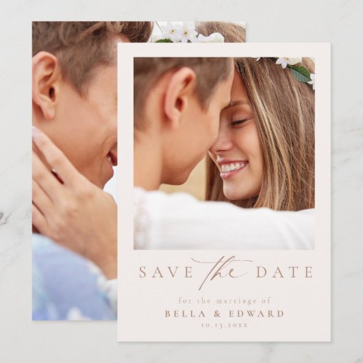 Elegant Taupe Ivory Foto Bruiloft Save The Date (Voorkant / Achterkant)