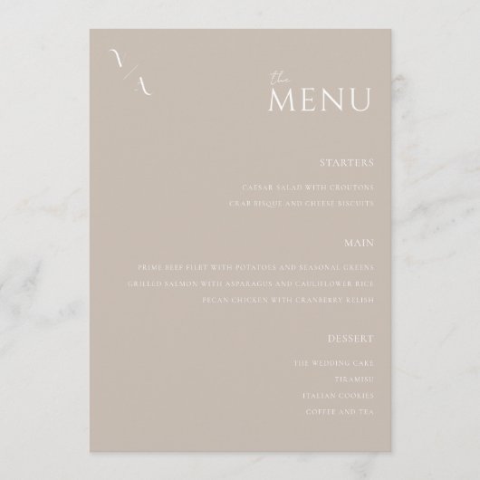 Elegant taupe modern minimalistisch huwelijksmenu menu (Voorkant)