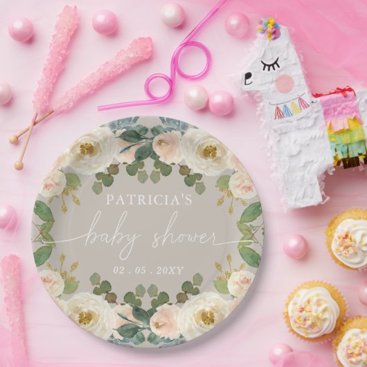 Elegant Taupe Peach Bloemen Baby shower Papieren Bordje (Feest)