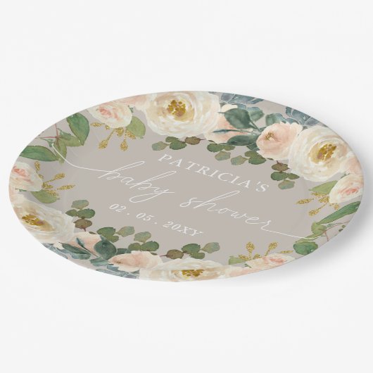 Elegant Taupe Peach Bloemen Baby shower Papieren Bordje (Gekanteld)