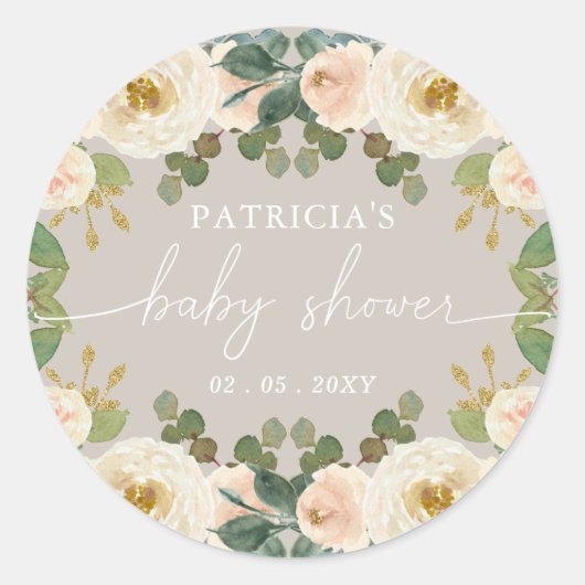 Elegant Taupe Peach Bloemen Baby shower Ronde Sticker (Voorkant)