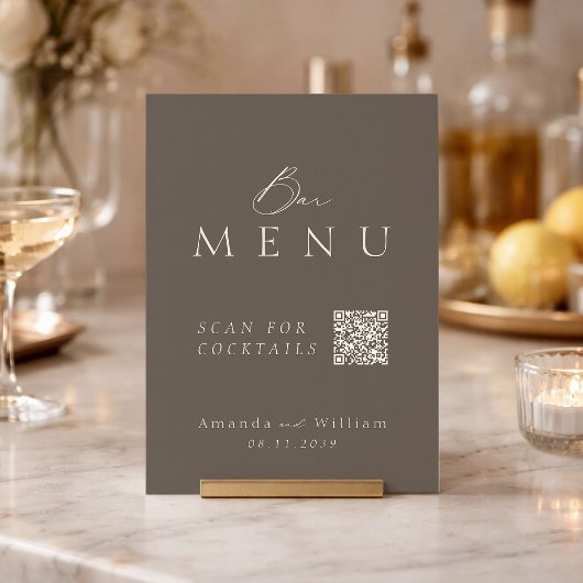 Elegant Taupe QR Code Wedding Bar Menu Sign Kaart