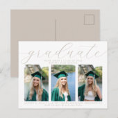 Elegant Taupe Script Minimalist Afstuderen 3 Foto Uitnodiging Briefkaart (Voorkant / Achterkant)