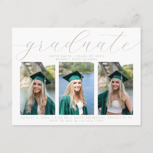 Elegant Taupe Script Minimalist Afstuderen 3 Foto Uitnodiging Briefkaart (Voorkant)