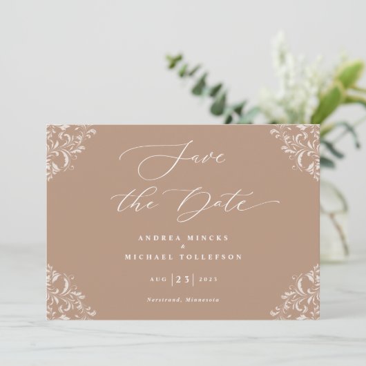 Elegant Taupe Wedding Save the Date Cards (Staand voorkant)