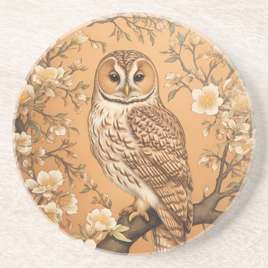 Elegant Tawny Owl William Morris Inspired Zandsteen Onderzetter (Voorkant)