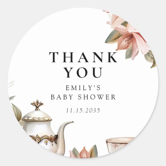 Elegant Tea Party Baby Shower Ronde Sticker (Voorkant)