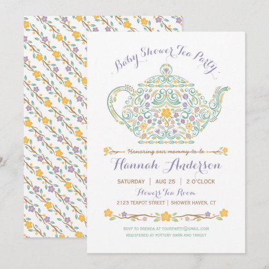 Elegant Tea Party Baby shower - Theepot Kaart (Voorkant / Achterkant)