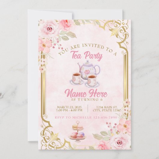 Elegant Tea Party Roze Verjaardagsfeest Kaart (Voorkant)