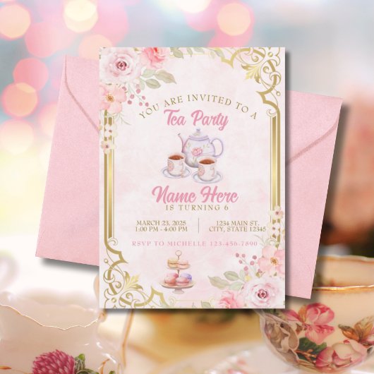 Elegant Tea Party Roze Verjaardagsfeest Kaart
