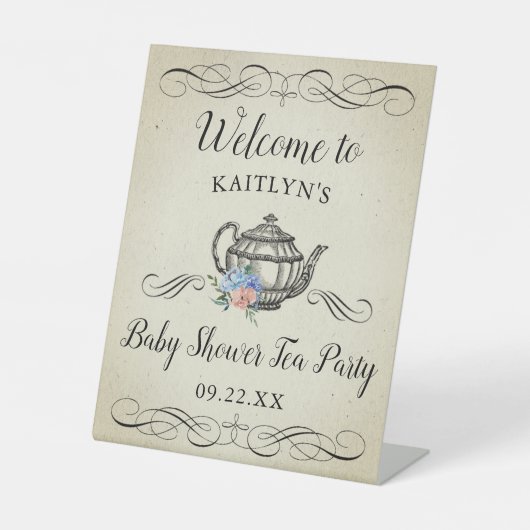 Elegant  Tea Party | Welkom Baby shower Reclamebord Met Voetstuk (Voorkant)