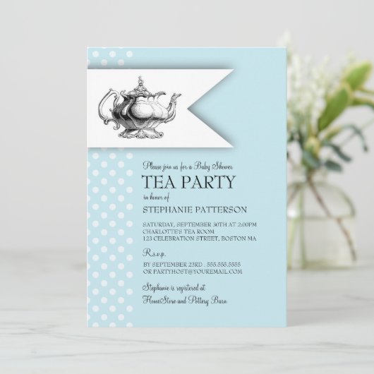 Elegant Tea Polka Dot Boy Baby shower Tea Party Kaart (Staand voorkant)