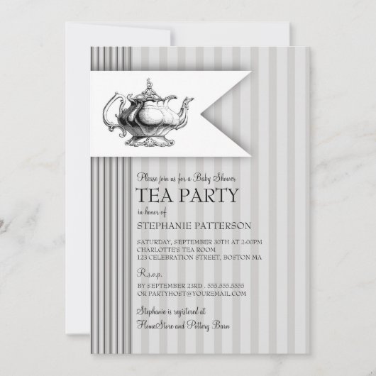 Elegant Tea Ticking Stripe Baby shower Tea Party Kaart (Voorkant)