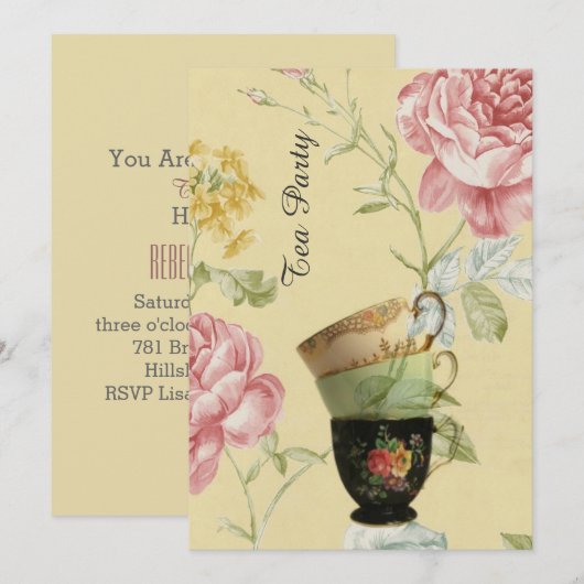 elegant teacup spring tea party kaart (Voorkant / Achterkant)