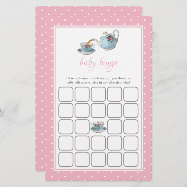 Elegant Teacups Baby shower Tea Party Bingo (Voorkant / Achterkant)