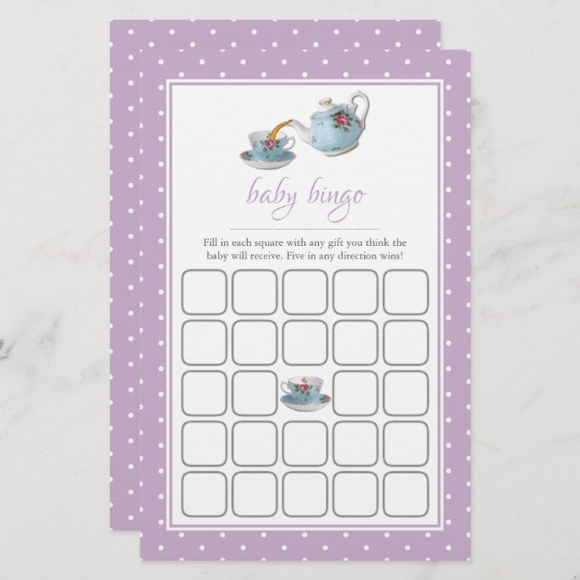 Elegant Teacups Baby shower Tea Party Bingo (Voorkant / Achterkant)