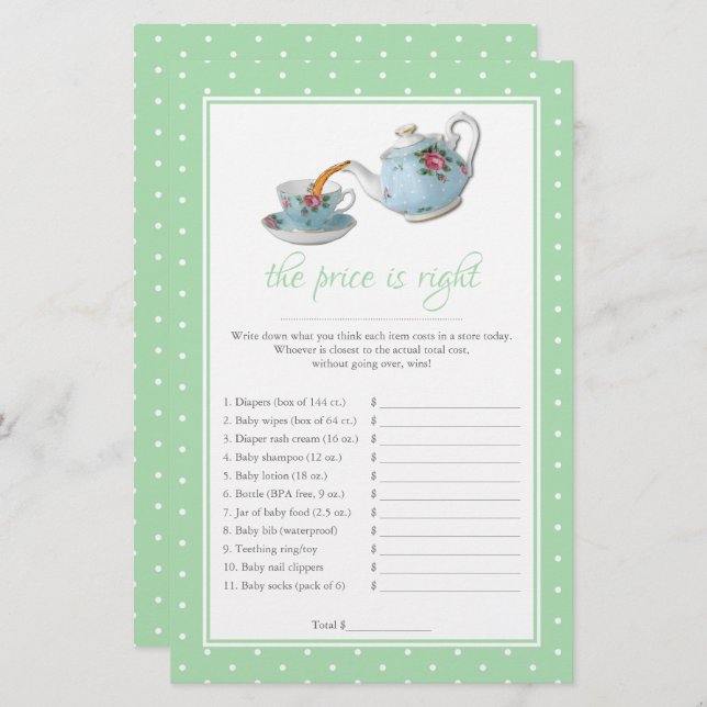 Elegant Teacups Baby shower Tea Party Game (Voorkant / Achterkant)